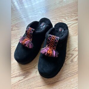 UGG Black Suede Platform Slippers with Pink and Orange Tassels